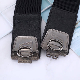 Wide Black Elastic Waist Belt with Geometric Metal Buckle