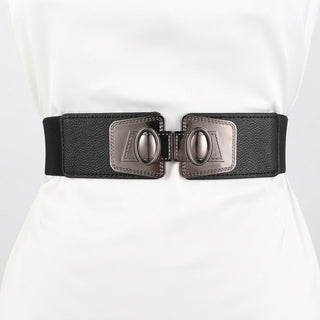 Wide Black Elastic Waist Belt with Geometric Metal Buckle