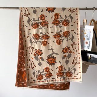 Women's Elegant Orange Floral Design Luxury Winter Shawl