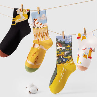 Men's and women's long tube oil painting socks