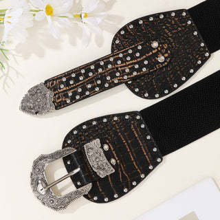Crocodile Skin Gestured Women's Double Buckle Wide Belt