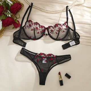 Floral Mesh Embroidery Push Up Sexy Bra Panty Set