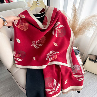 Saffron Red Luxurious Floral Design Women's Winter Shawl