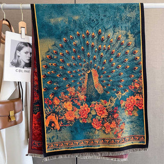 Luxurious Floral Peacock Oil Painting Winter Shawl for Women