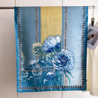 Luxurious Blue Floral Design Printed Satin Silk Scarf
