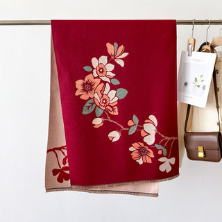 Luxury Saffron Red Floral Design Printed Winter Shawl