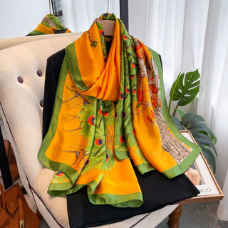 Elegant Peacock Illustration Pattern Printed Beautiful Satin Silk Scarf