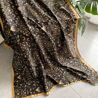 Black & Gilded Elegant Floral Design Satin Silk Scarf