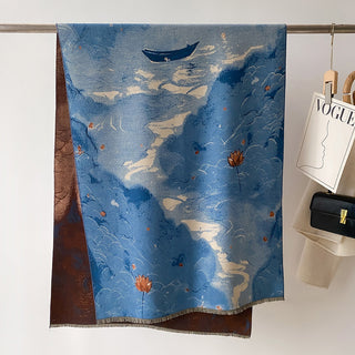 Premium Sky Blue Oil Painting Printed Luxury Winter Shawl for Women