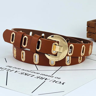 Brown leather belt with gold buckle on a white background