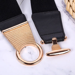Retro Black Elastic Belt with Decorative Ring Buckle for Female