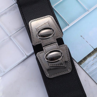 Wide Black Elastic Waist Belt with Geometric Metal Buckle