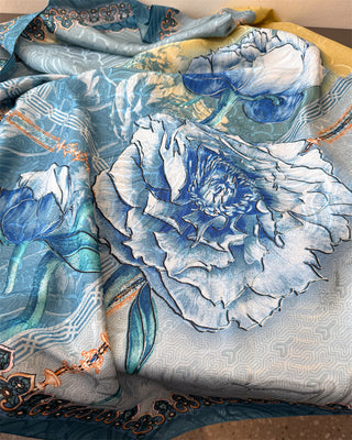 Luxurious Blue Floral Design Printed Satin Silk Scarf