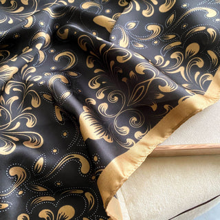 Black & Gilded Elegant Floral Design Satin Silk Scarf