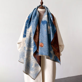 Premium Sky Blue Oil Painting Printed Luxury Winter Shawl for Women