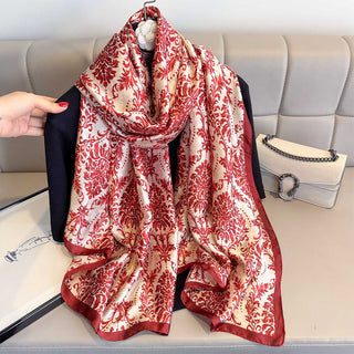 Elegant Red Floral Design Luxury Satin Silk Scarf