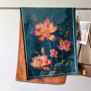 Elegant Lotus Blossom Oil Painting Luxury Winter Shawl For Women