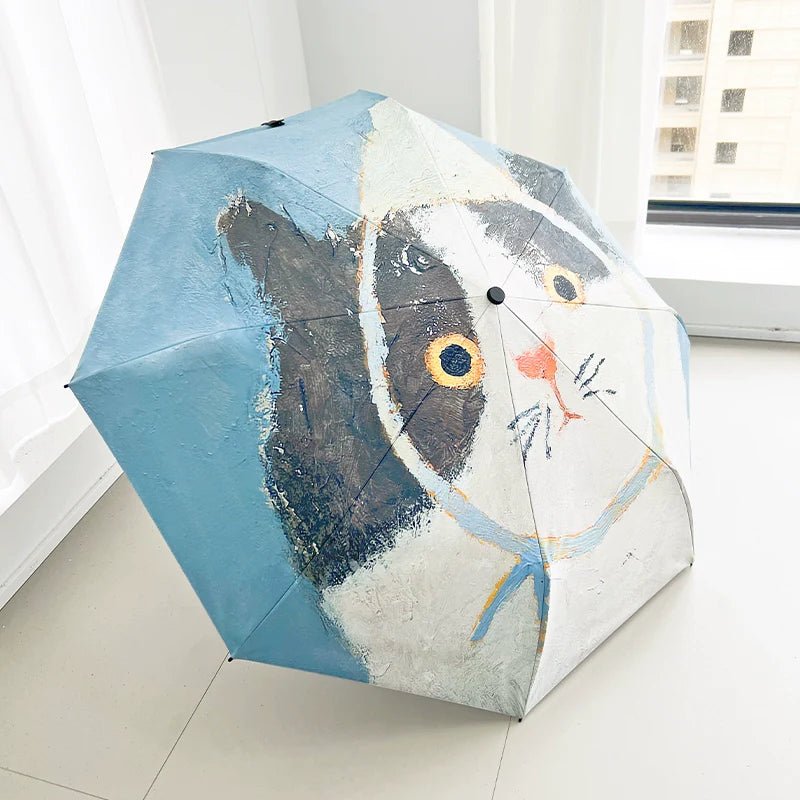 Oil painting cat folding umbrella automatic and hand open