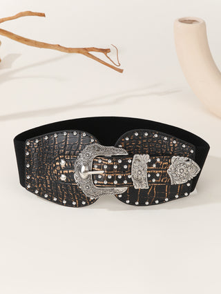 Crocodile Skin Gestured Women's Double Buckle Wide Belt