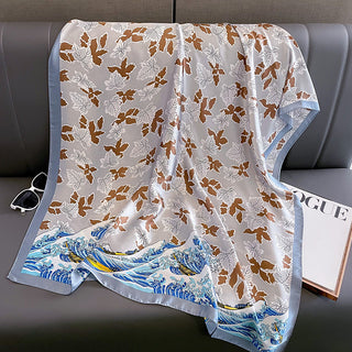 Beautiful Sea Wave & Floral pattern printed Satin Silk Scarf
