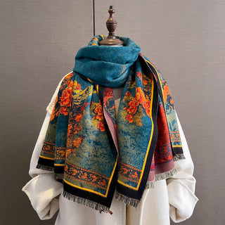 Luxurious Floral Peacock Oil Painting Winter Shawl for Women