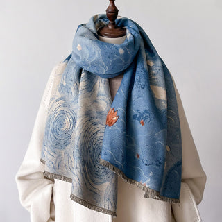 Premium Sky Blue Oil Painting Printed Luxury Winter Shawl for Women