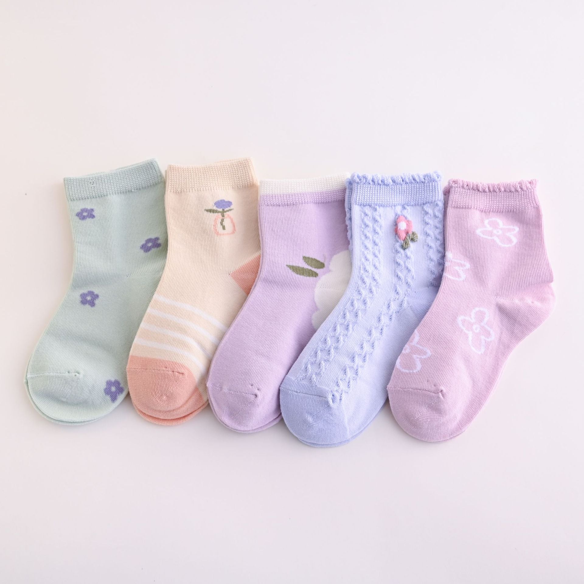 All Seasons 5 Piece Set Colorful Floral Design Cotton Socks for Girls