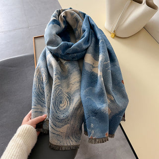 Premium Sky Blue Oil Painting Printed Luxury Winter Shawl for Women