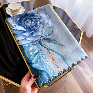 Luxurious Blue Floral Design Printed Satin Silk Scarf