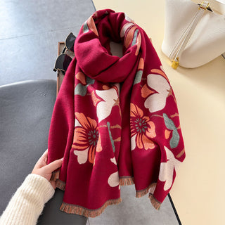 Luxury Saffron Red Floral Design Printed Winter Shawl