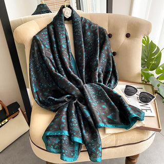 Black & Sea Green Elegant Floral Design Satin Silk Scarf