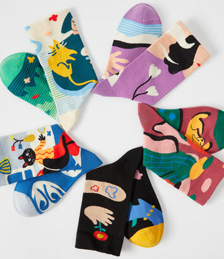 5 Pair set cartoon color trend all season socks for men & women