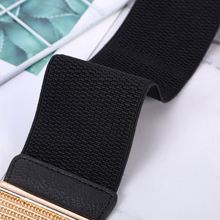 Retro Black Elastic Belt with Decorative Ring Buckle for Female