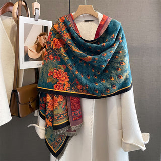 Luxurious Floral Peacock Oil Painting Winter Shawl for Women
