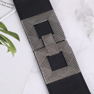 Stylish Wide Waist Belt with Decorative Square Buckle for Women