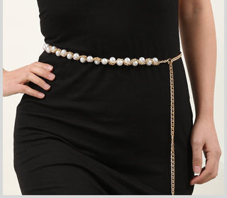 Exotic Pearl Inlaid Chain Style Adjustable Waist Belt for Women