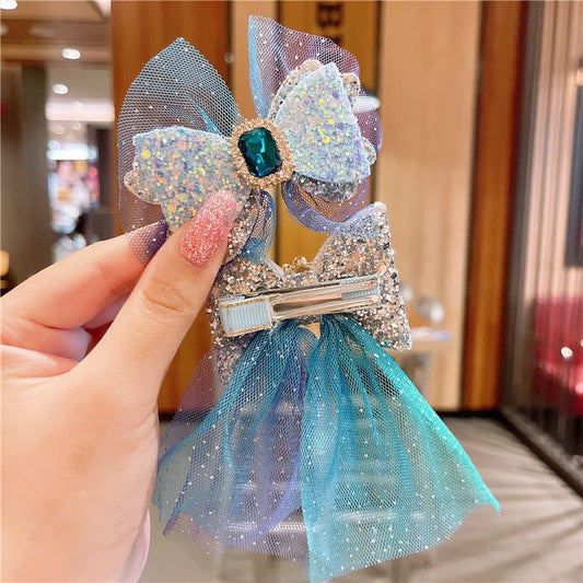 Frozen Kids Hairpins Korean Hair Accessories Mesh Bow Cute Princess Headwear Snowflake Baby Hairpins