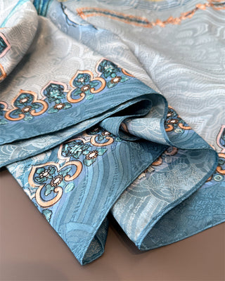 Luxurious Blue Floral Design Printed Satin Silk Scarf