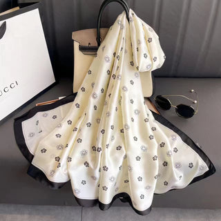 Milky White Black Rose Floral Design Luxury Satin Silk Scarf