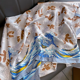 Beautiful Sea Wave & Floral pattern printed Satin Silk Scarf