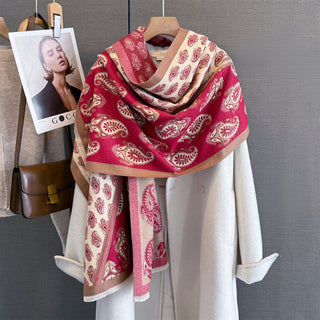 Elegant Double-Sided Red Paisley Cashew Flower Printed Winter Shawl
