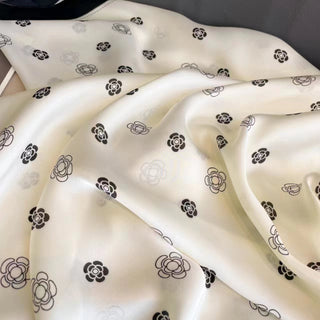 Milky White Black Rose Floral Design Luxury Satin Silk Scarf