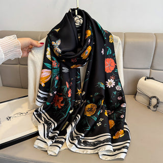 Women's Elegant Black Floral Border Satin Silk Scarf