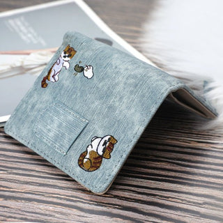 Jeans style Cat Embroidered Canvas Pattern Large-capacity Wallet