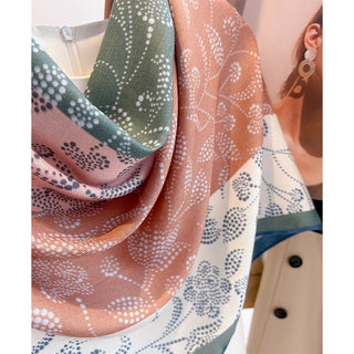 Close-up of patterned fabric with floral designs in various colors.