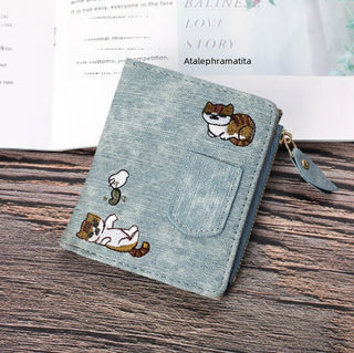 Jeans style Cat Embroidered Canvas Pattern Large-capacity Wallet