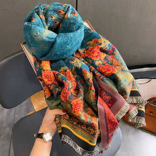 Luxurious Floral Peacock Oil Painting Winter Shawl for Women