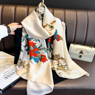 Elegant Floral Design Milky White Satin Silk Scarf