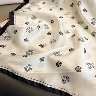 Milky White Floral Design Luxury Satin Silk Scarf