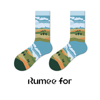 Men's and women's long tube oil painting socks